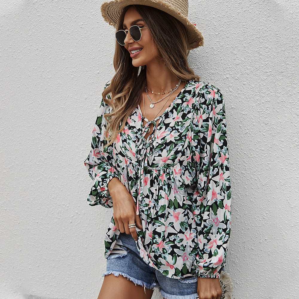 Womens Fall Fashion  Boho Tops Casual Frill Trim Mock Neck Shirts Puff Long Sleeve Blouse Floral Print Top