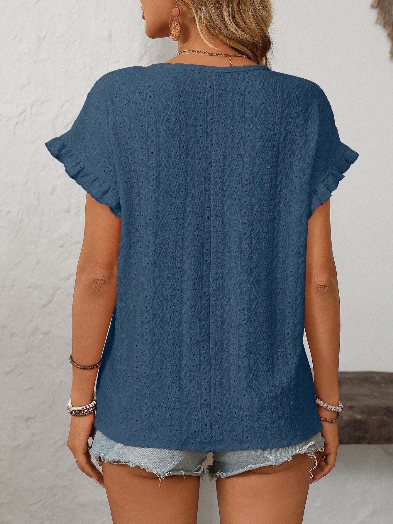 Solid Color Crew Neck Sweet Short-sleeved T-shirt Hollow Top