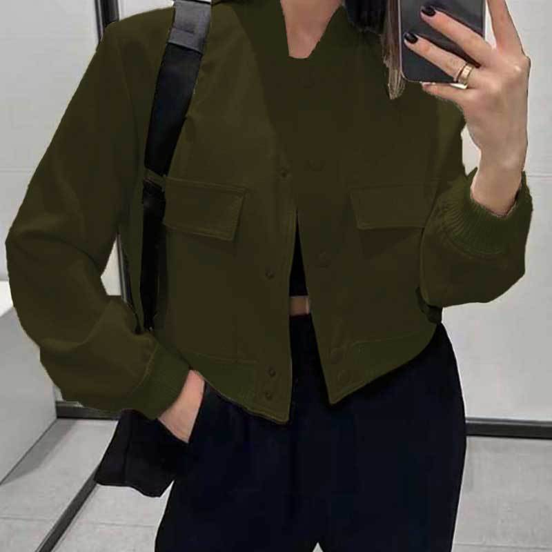Women's Casual Stand-up Collar Solid Color Pocket Jacket
