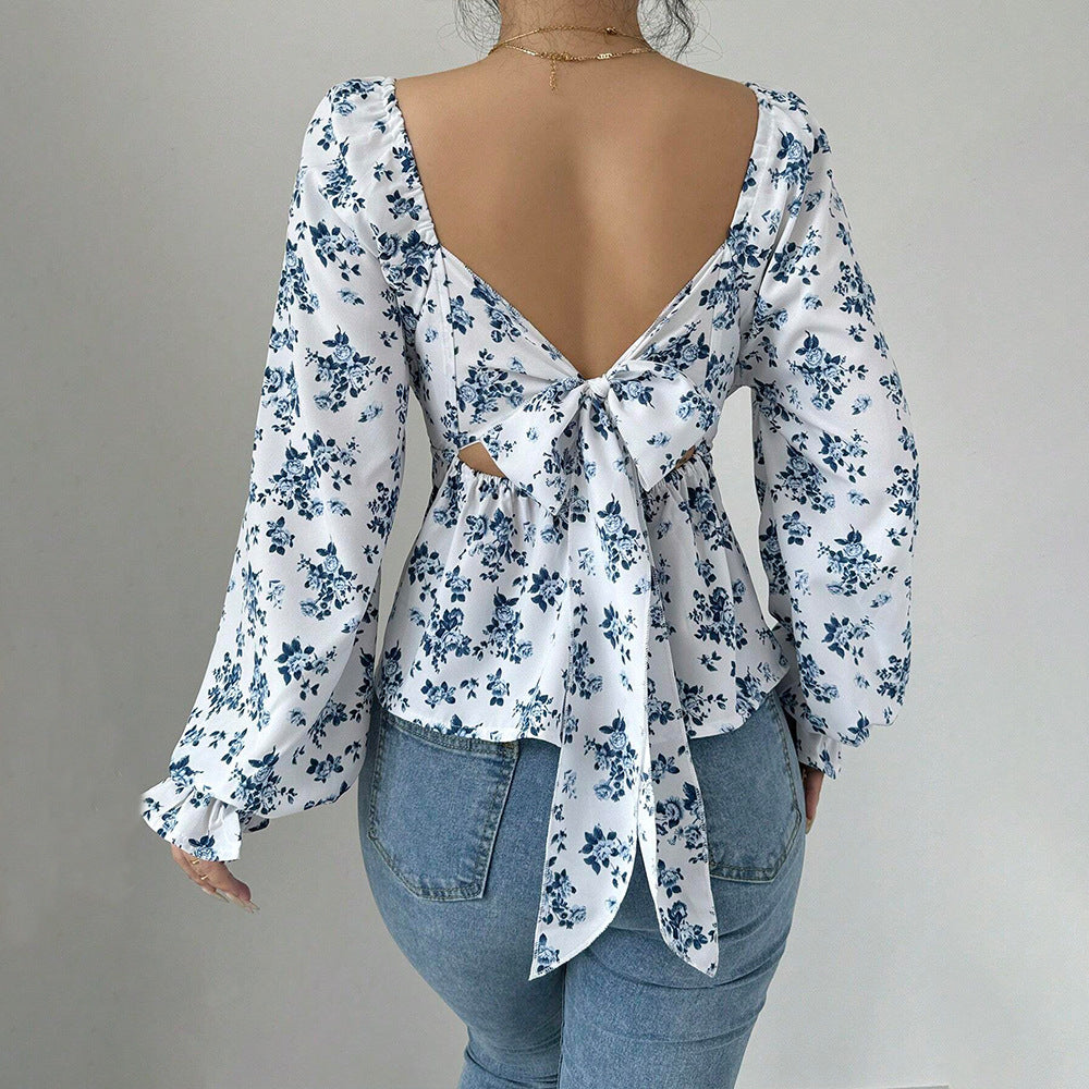 Women Square Collar Bubble Floral Long Sleeve Blouse