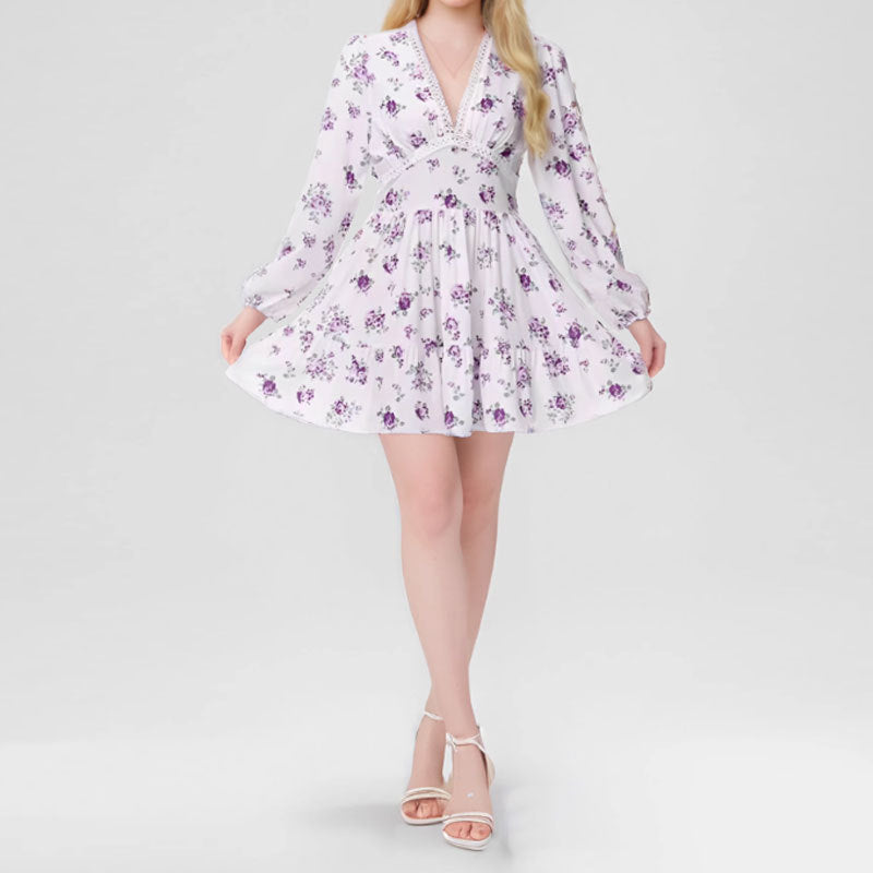 Women Elegant V-neck Floral Slim-fit Dress Short