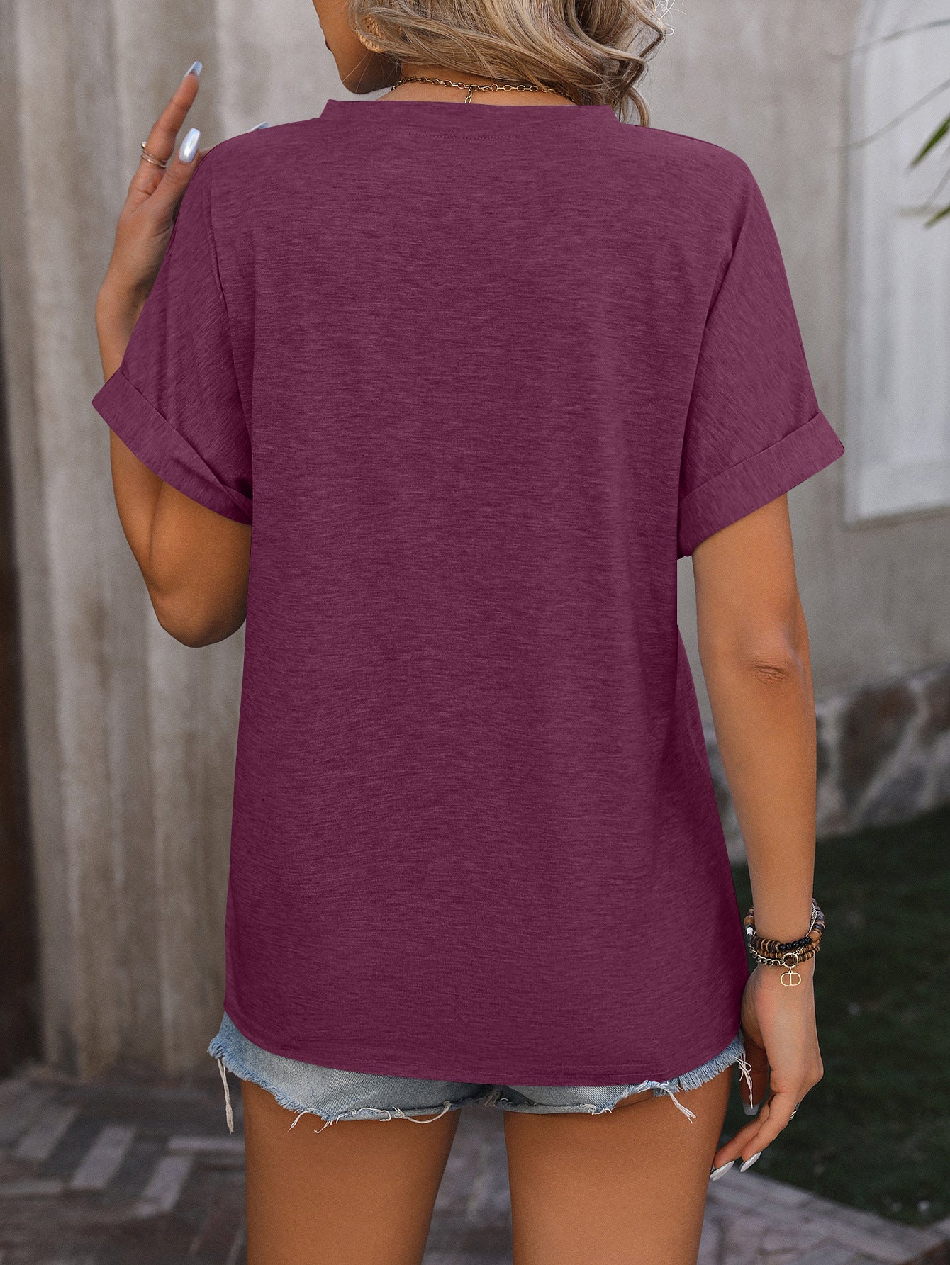 Summer V-neck Button Solid Color Cotton Loose Short-sleeved T-shirt Women