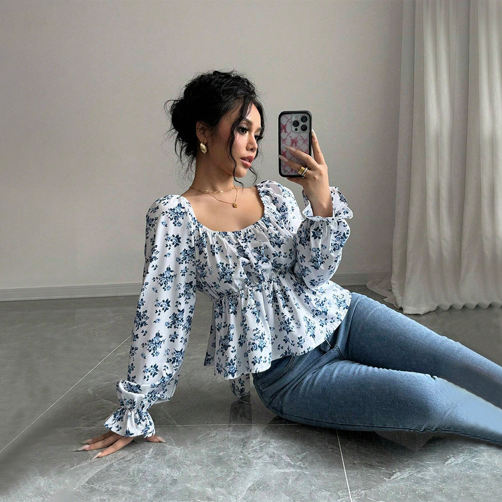 Women Square Collar Bubble Floral Long Sleeve Blouse