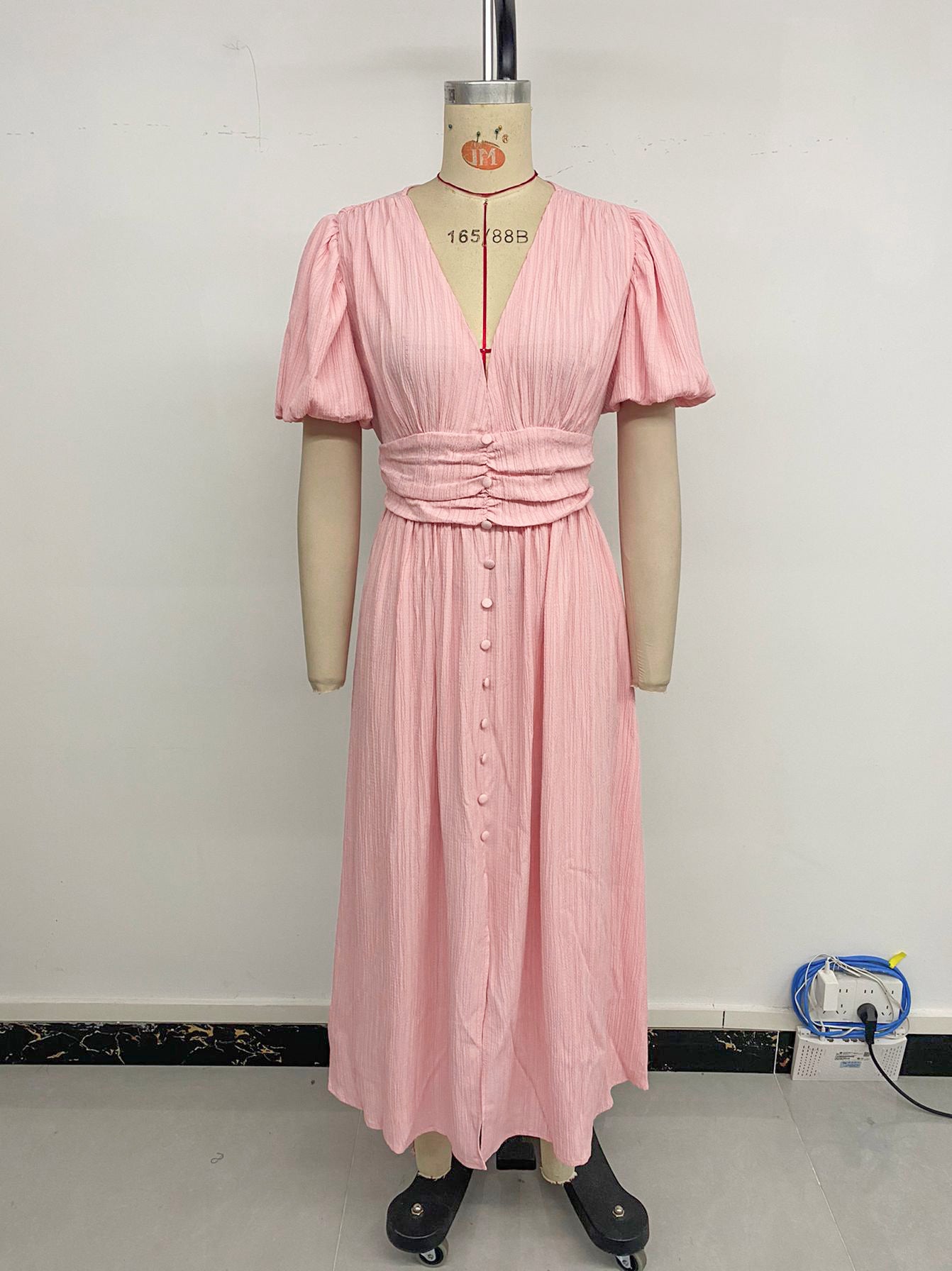 Women Mid-length Bubble Sleeve Pink Waist Dress