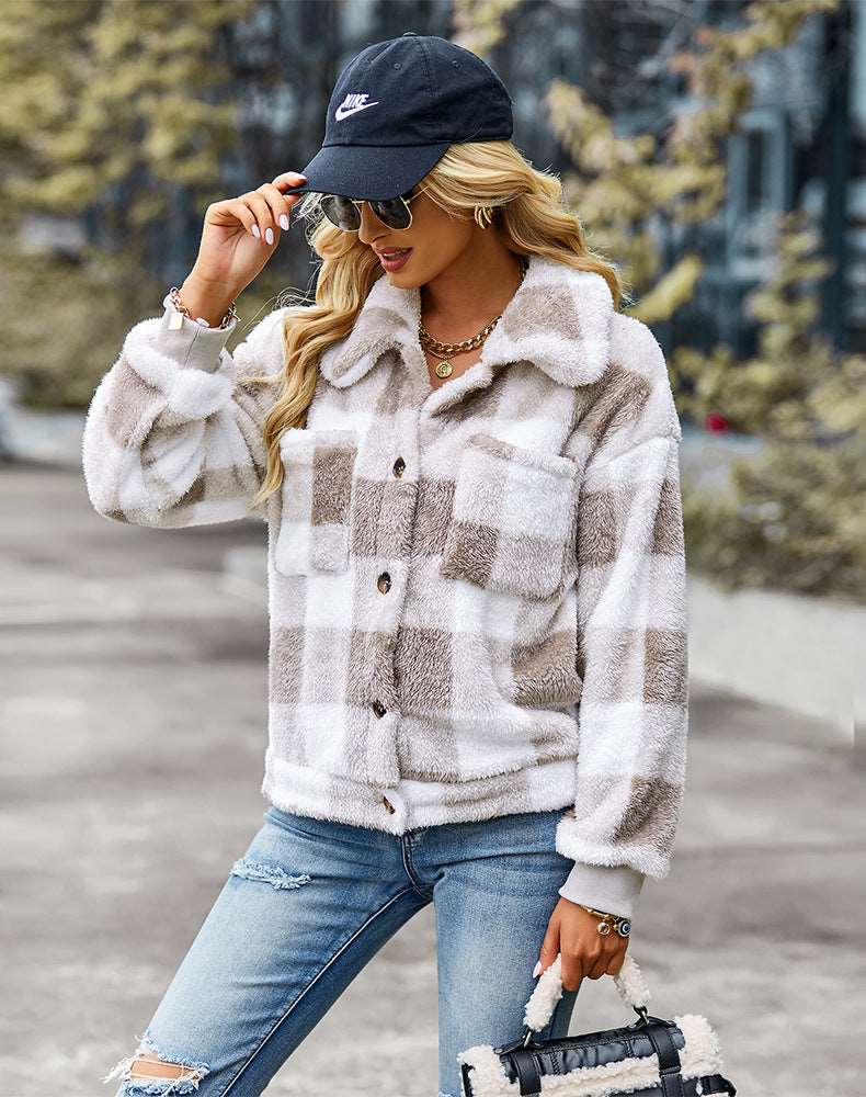 Womens Casual Plaid Shackets Brushed Flannel Button Down Pocketed Shirt Jacket Coats