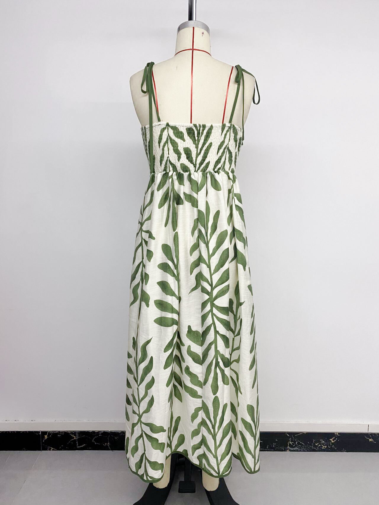 Women's Waist Green Leaf Print Dress