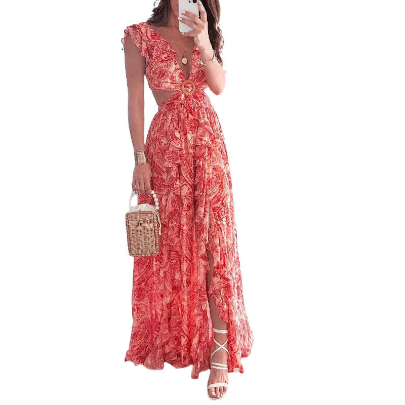 Sexy Deep V-neck Waist Print Dress Long Dress