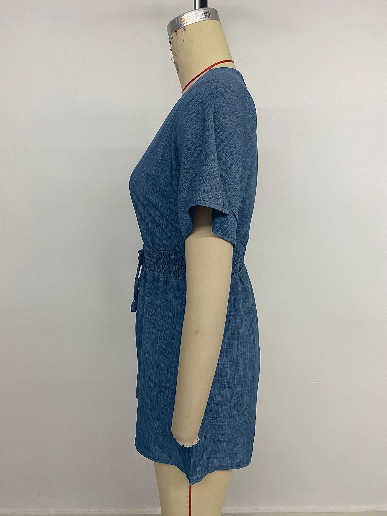 Casual Solid Color Waist Short-sleeved V-neck Jumpsuit