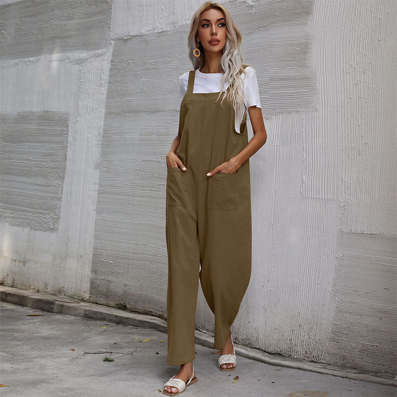 Casual Cotton and Linen Pocket Solid Color Sleeveless Jumpsuit