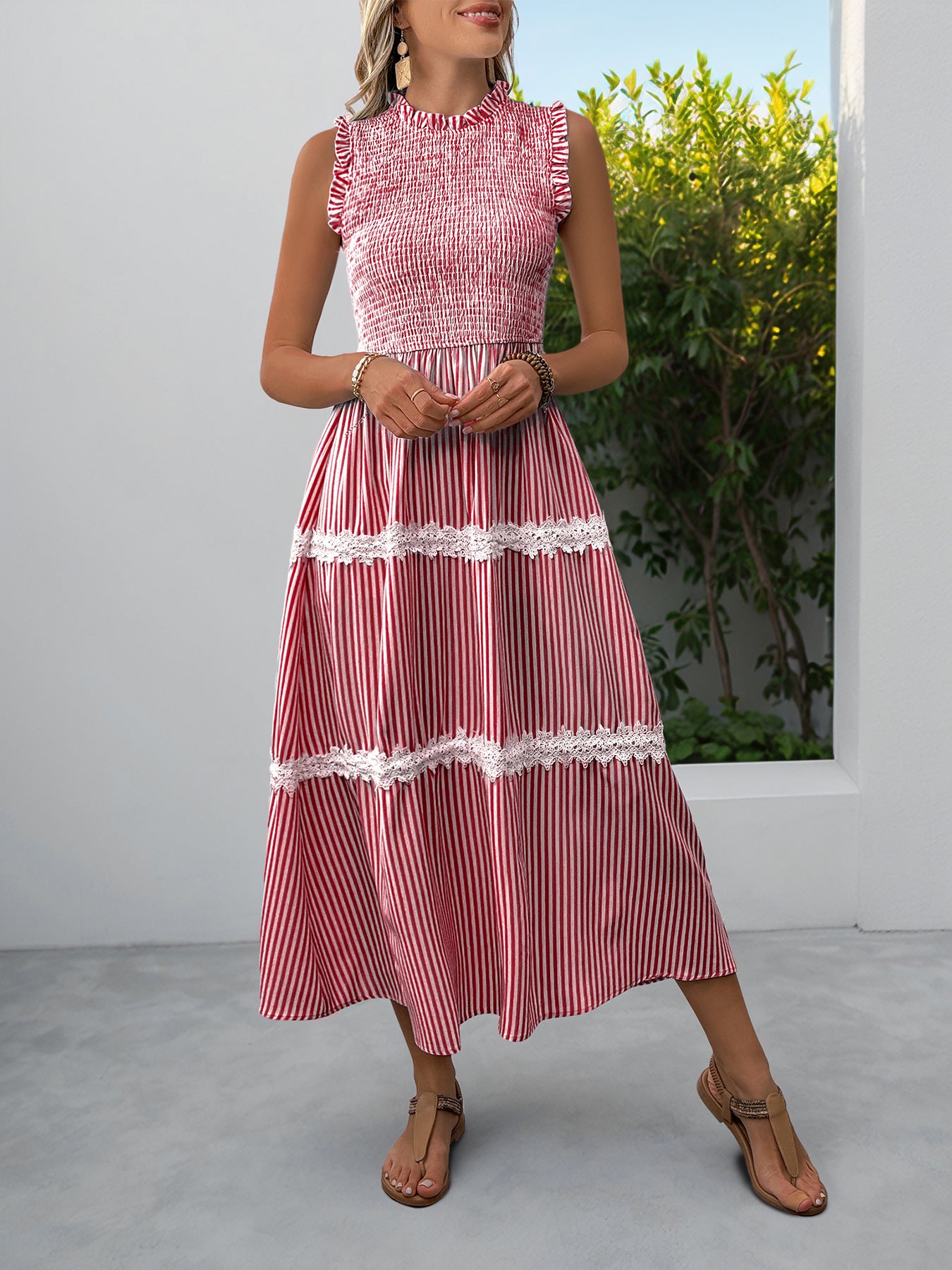 Casual Women's Lace Sleeveless Striped Dress