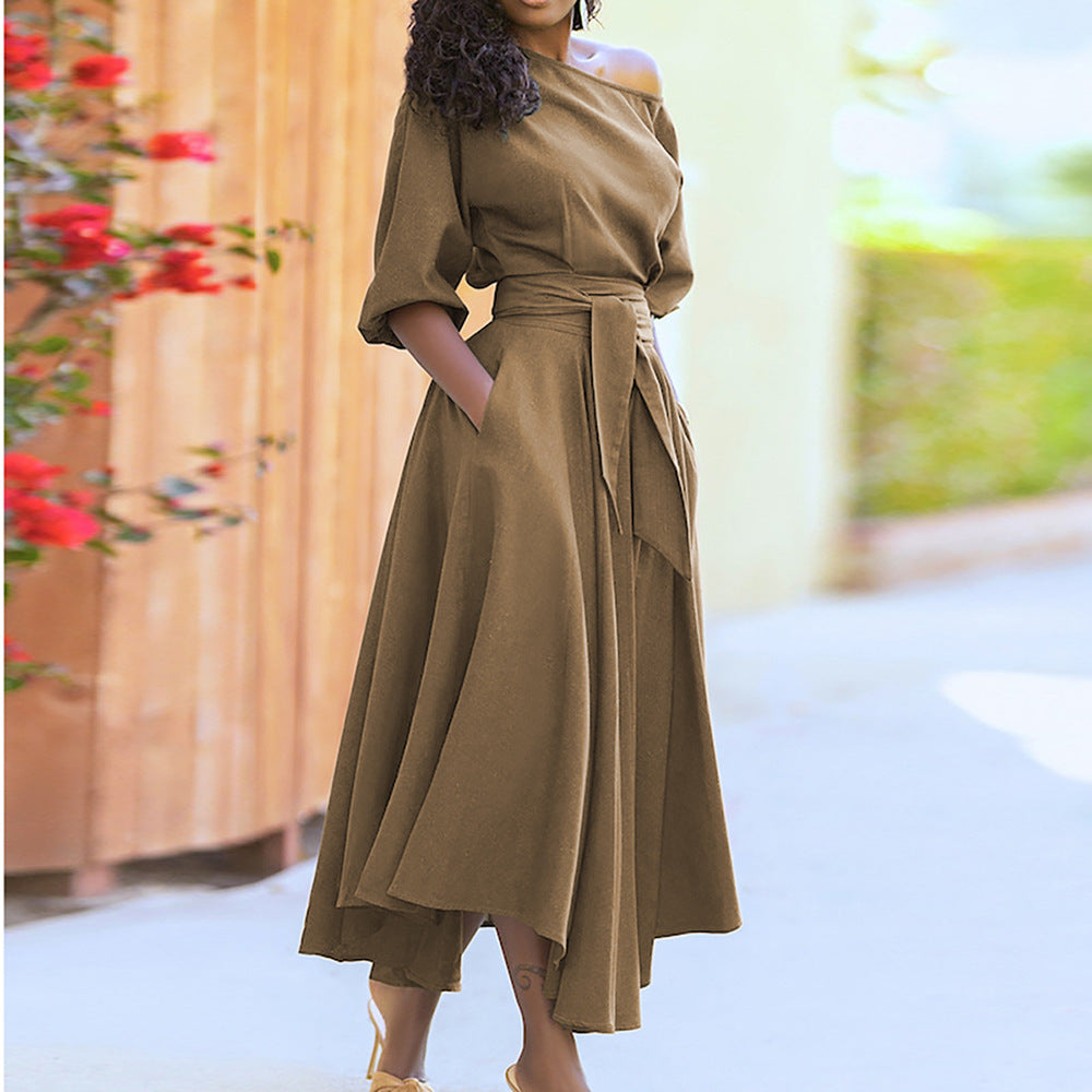 Solid Color Slanted Shoulder Strap Waist Dress