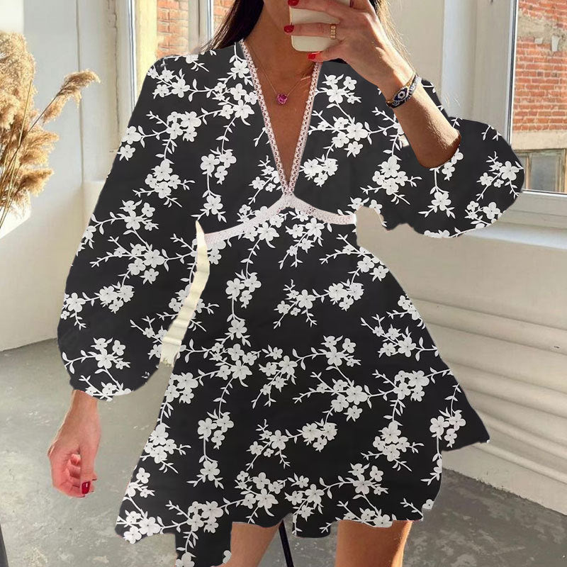 Women Elegant V-neck Floral Slim-fit Dress Short