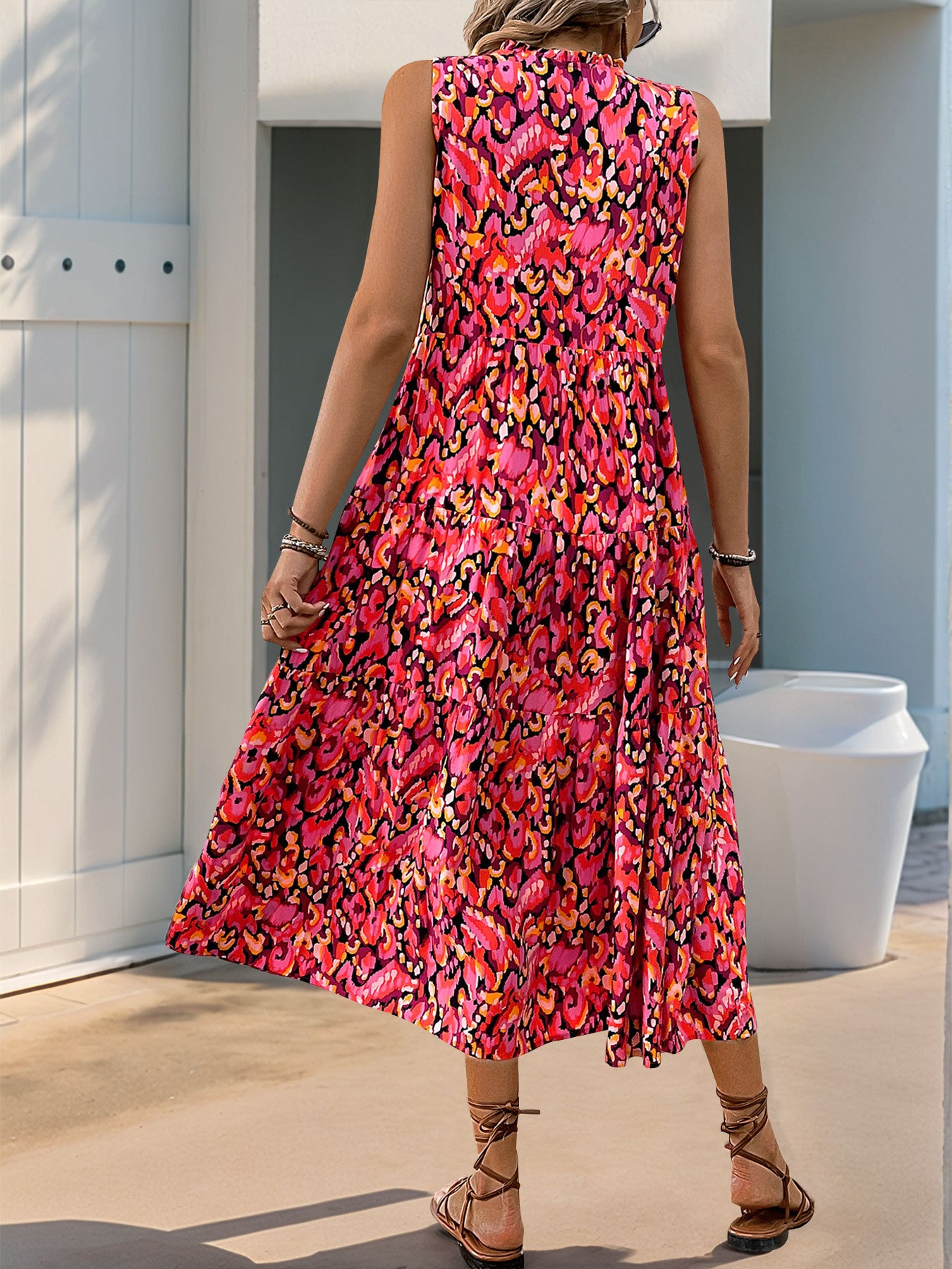 Sleeveless V-neck Fringed Print Dress for Women