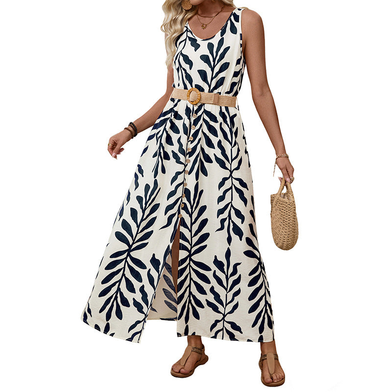 Women's Sleeveless Shoulder Strap Dress Leaf Print Split Dress
