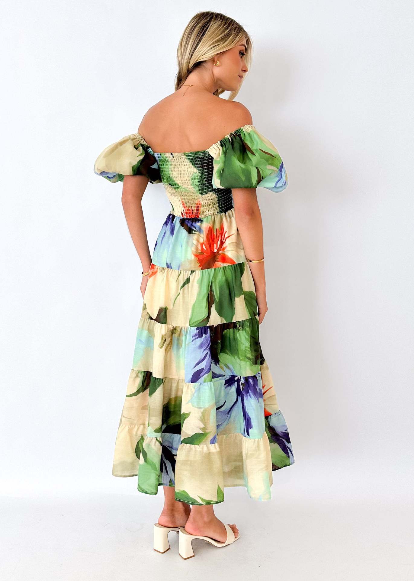 Women Bubble Sleeve Holiday Skinny Long Dress High Waist Shoulder Print Dress