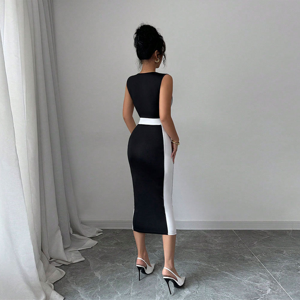 Women Long Dress Square Neck Contrasting Dress