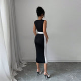 Women Long Dress Square Neck Contrasting Dress