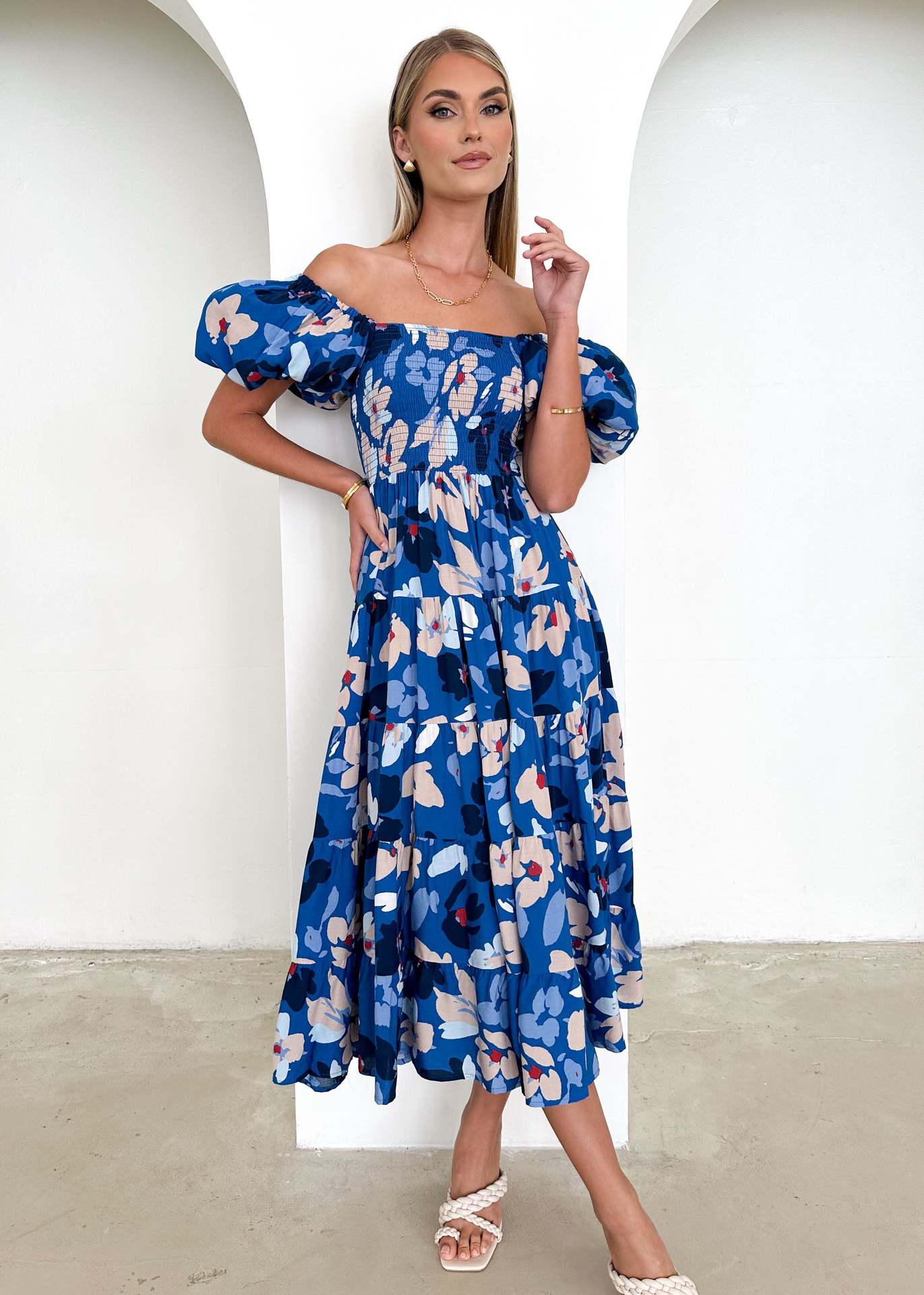Offshoulder Printed Bubble Sleeve Dress for Women