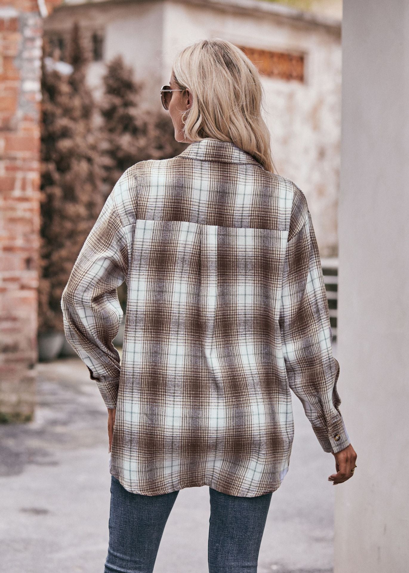Women Oversize Loose Plaid Jacket with Pocket