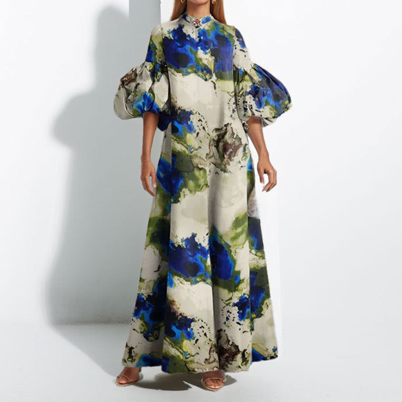 Casual Bubble Sleeve Print Painted Dress