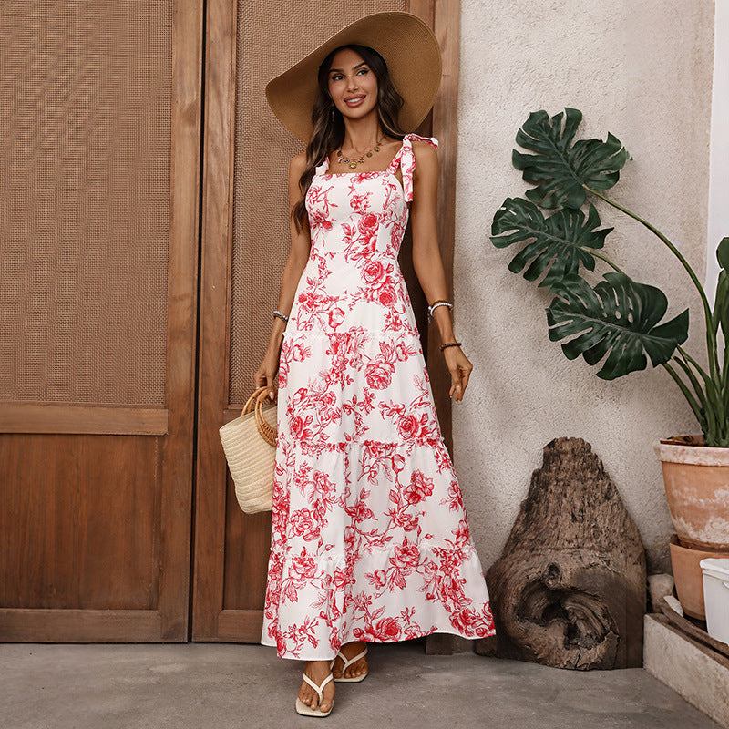 Suspender Floral Print A-shaped Dress