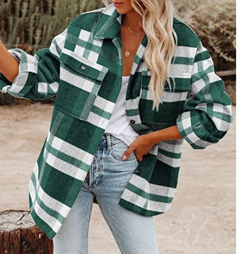 Women Oversize Loose Plaid Jacket with Pocket
