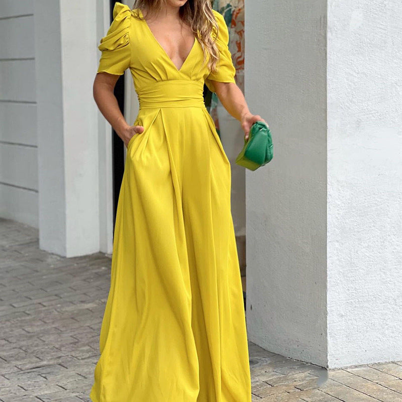 Women's Solid Color Slim-Fit Short Sleeve Wide Leg Jumpsuit