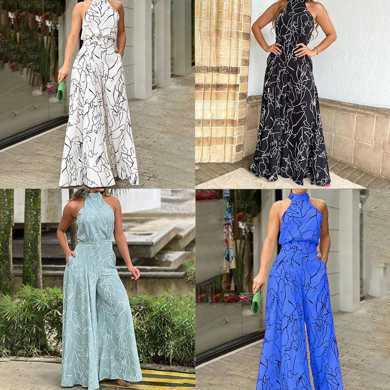 Fashion Sexy Printed Sleeveless Wide Leg Jumpsuit Trousers