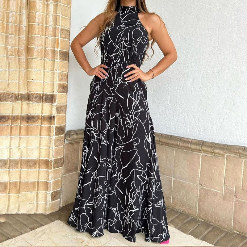 Fashion Sexy Printed Sleeveless Wide Leg Jumpsuit Trousers