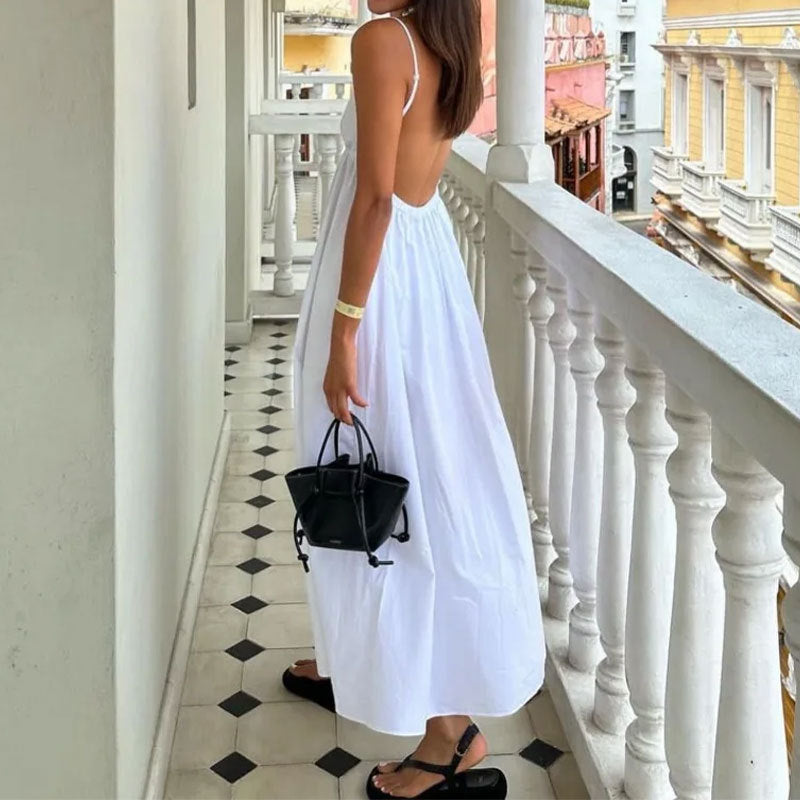Sexy Backless Sleeveless Solid Color V-neck Dress