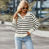 Women's knitted striped sweater lapel casual top