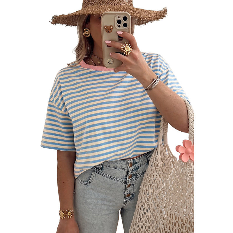 Sky Blue Stripe Contrast Crew Neck Drop Shoulder Loose Tee