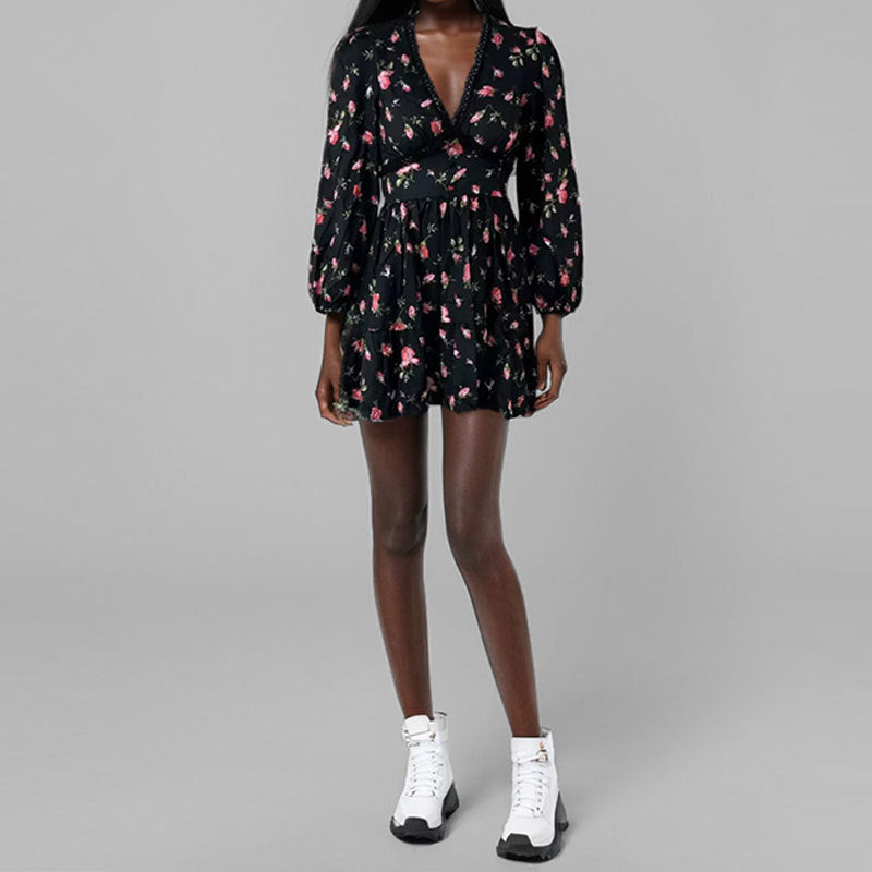 Women Elegant V-neck Floral Slim-fit Dress Short