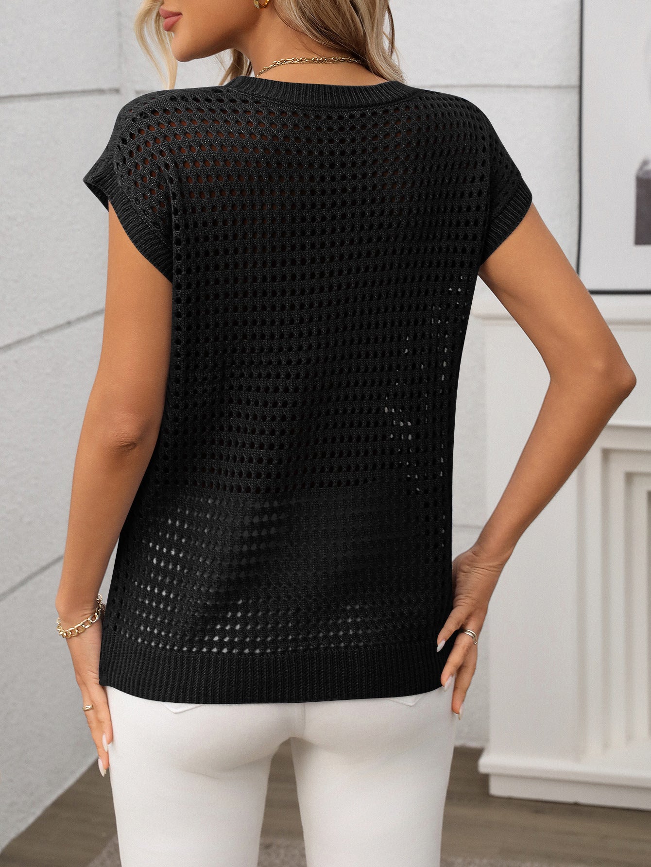 Women's Crew Neck Hollow-Out Sunscreen Knitted Sweater Blouse