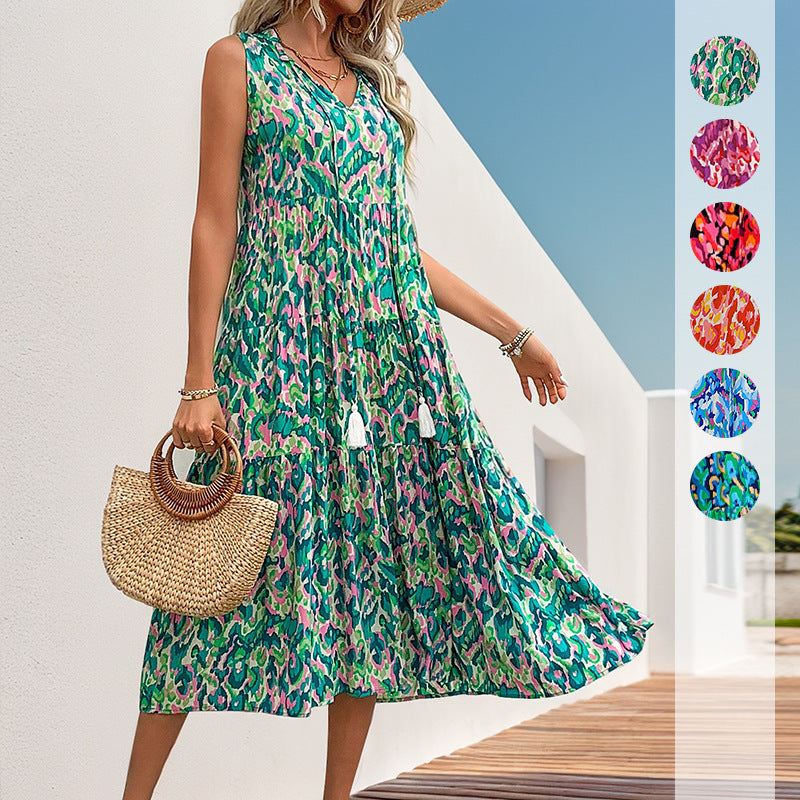 Sleeveless V-neck Fringed Print Dress for Women