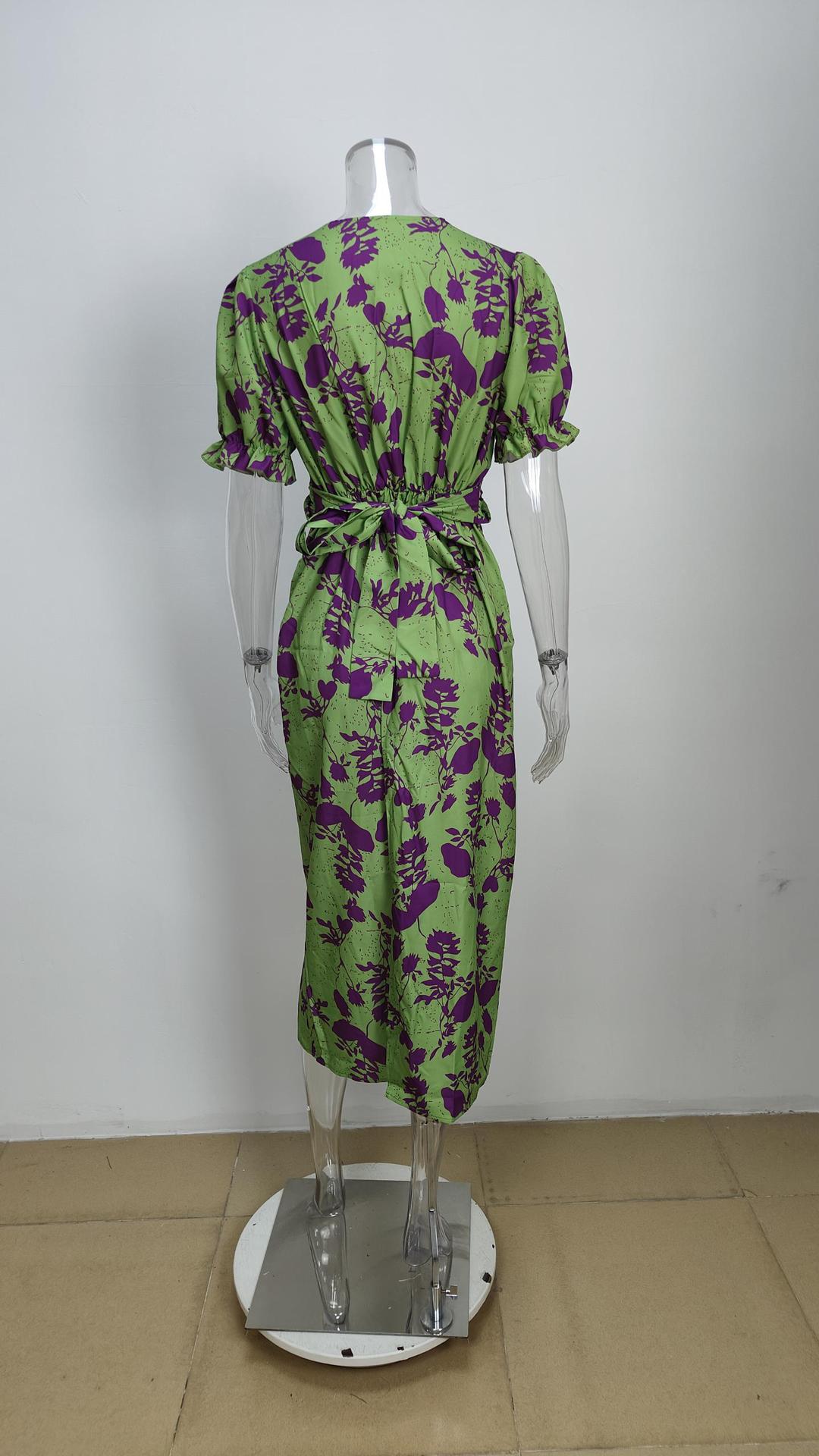 Women's Printed V-Neck Lantern Sleeve Dress