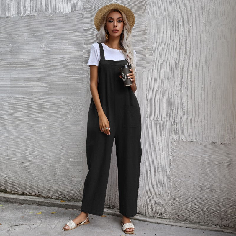 Casual Cotton and Linen Pocket Solid Color Sleeveless Jumpsuit