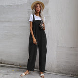 Casual Cotton and Linen Pocket Solid Color Sleeveless Jumpsuit