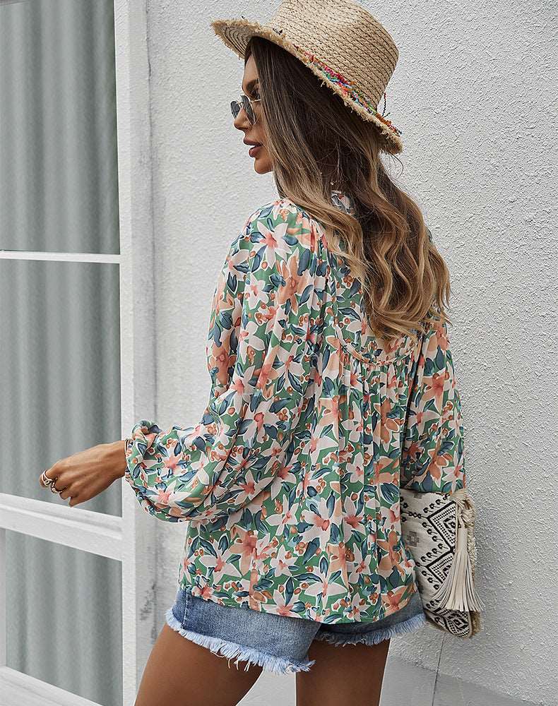 Womens Fall Fashion  Boho Tops Casual Frill Trim Mock Neck Shirts Puff Long Sleeve Blouse Floral Print Top