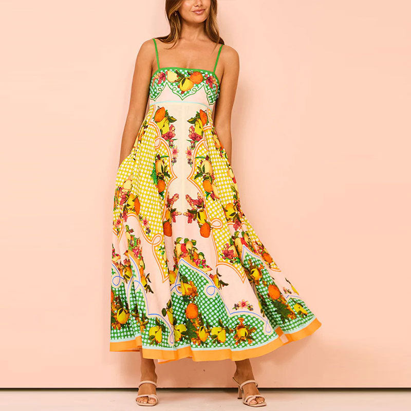 Elegant Printed High Waist Suspender Dress Long Dress