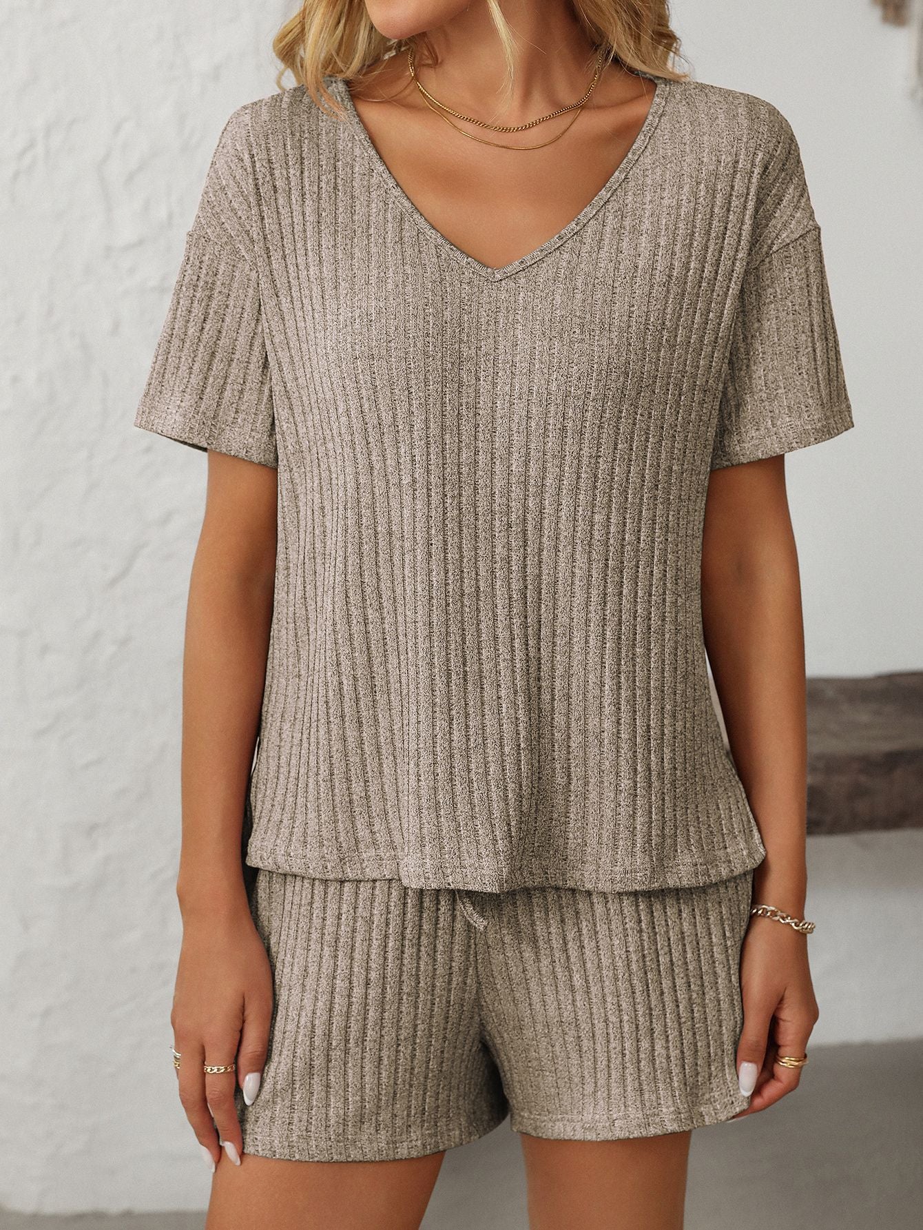 Solid Color Pit Strip Pajamas Short-sleeved Loungewear Set