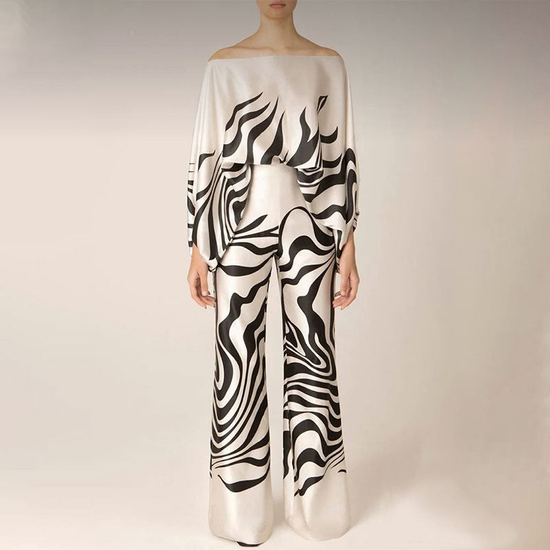 Elegant and Loose Bat Sleeve Print Fashion Set