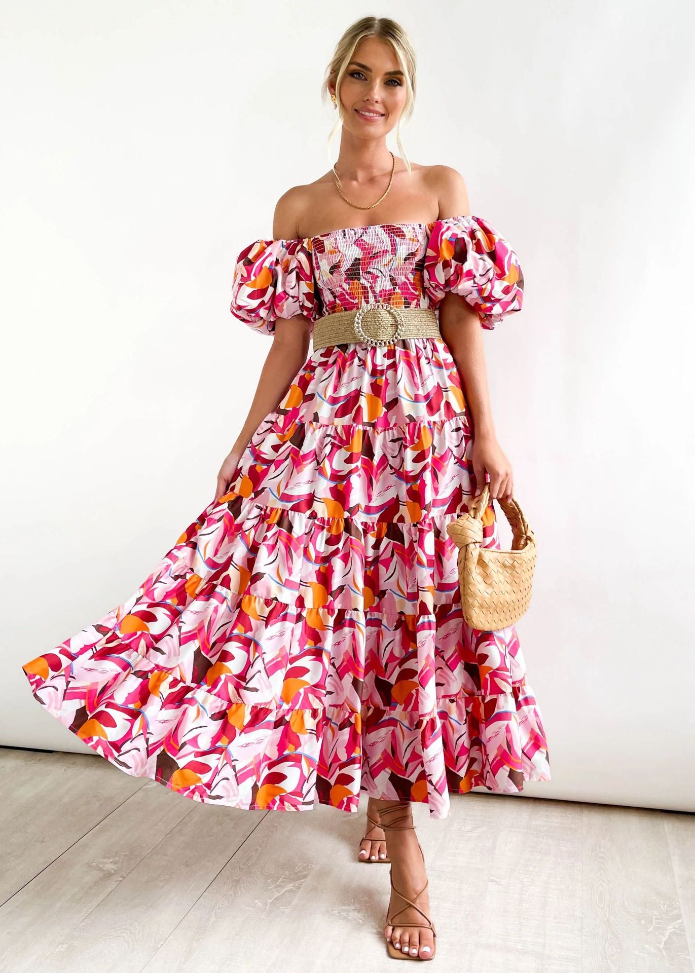 Women Bubble Sleeve Holiday Skinny Long Dress High Waist Shoulder Print Dress