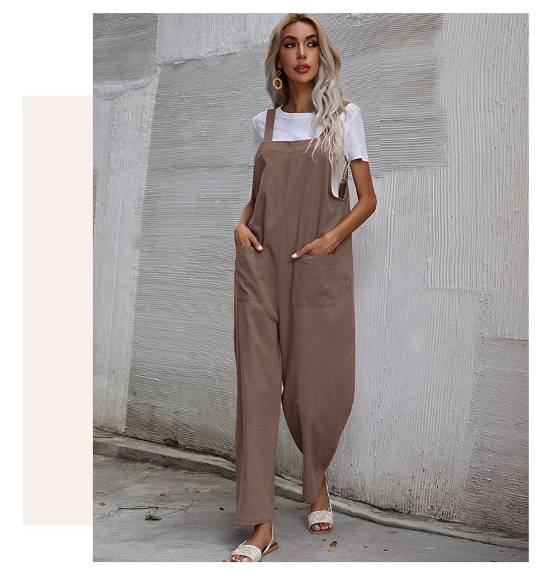 Casual Cotton and Linen Pocket Solid Color Sleeveless Jumpsuit
