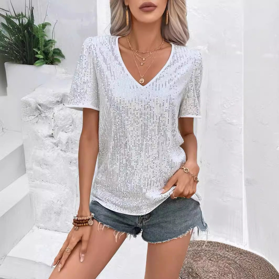 Sexy Solid Color Sequin V-neck Loose Short Sleeve Women's T-shirt