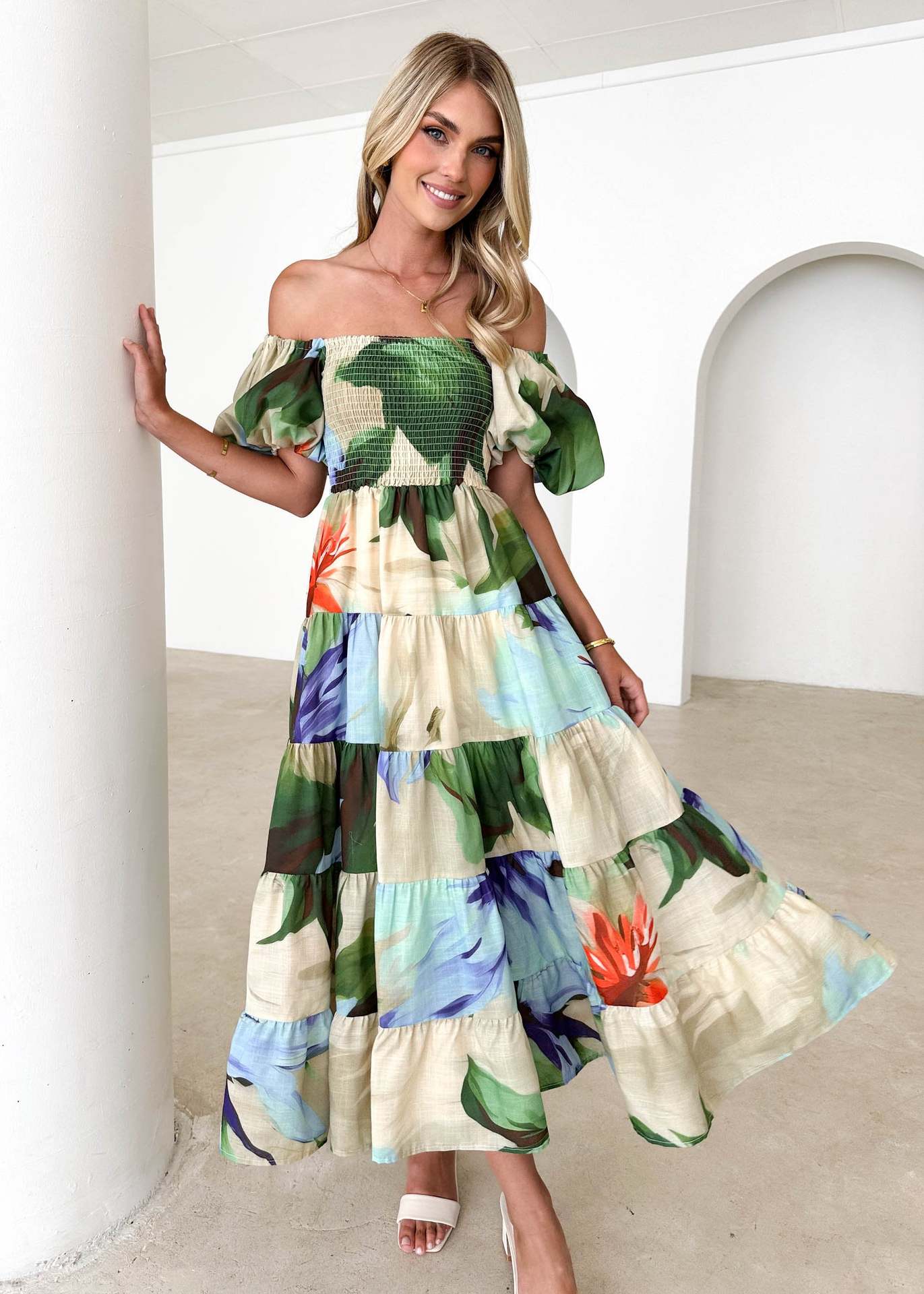 Women Bubble Sleeve Holiday Skinny Long Dress High Waist Shoulder Print Dress