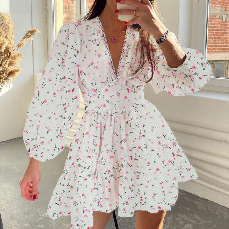 Women Elegant V-neck Floral Slim-fit Dress Short