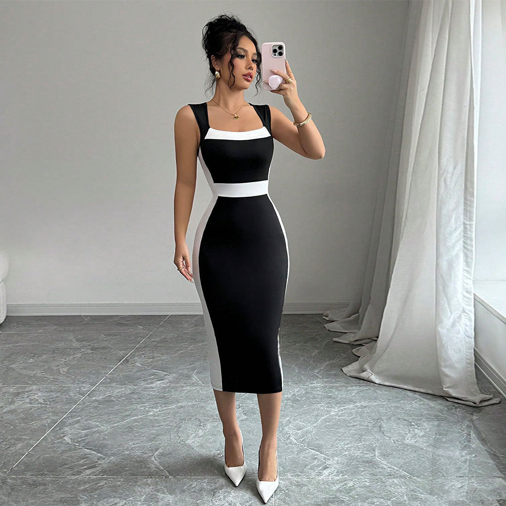 Women Long Dress Square Neck Contrasting Dress