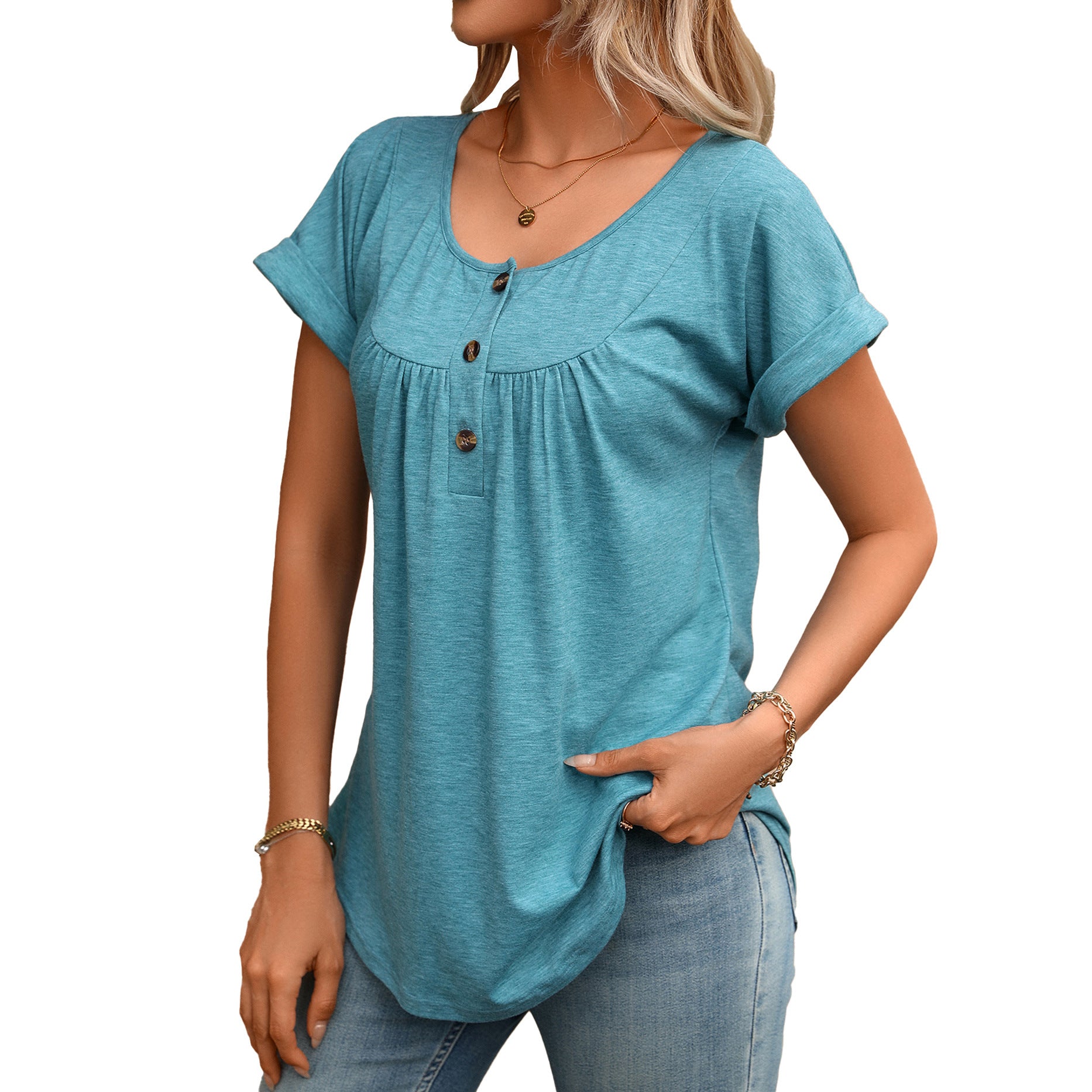 Women Solid Color Crew Neck Button Short Sleeve T-Shirt