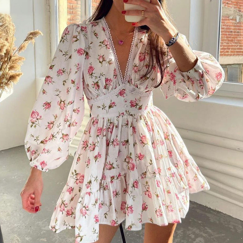 Women Elegant V-neck Floral Slim-fit Dress Short